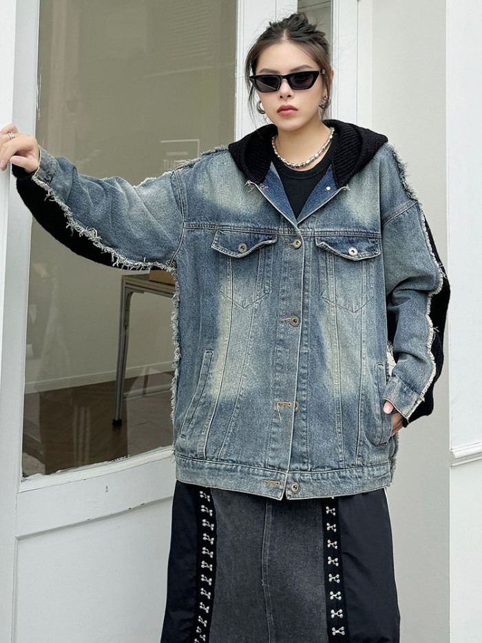 [EAM] Red Color-block Denim Big Size Thick Jacket New Hooded Long Sleeve Women Coat Fashion Tide Spring Autumn  1DH75860