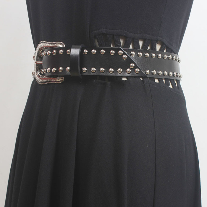 [EAM] Pu Leather Black Rivet Long Vintage Wide Belt Personality Women New Fashion Tide All-match Spring Autumn 2024 1DH5551