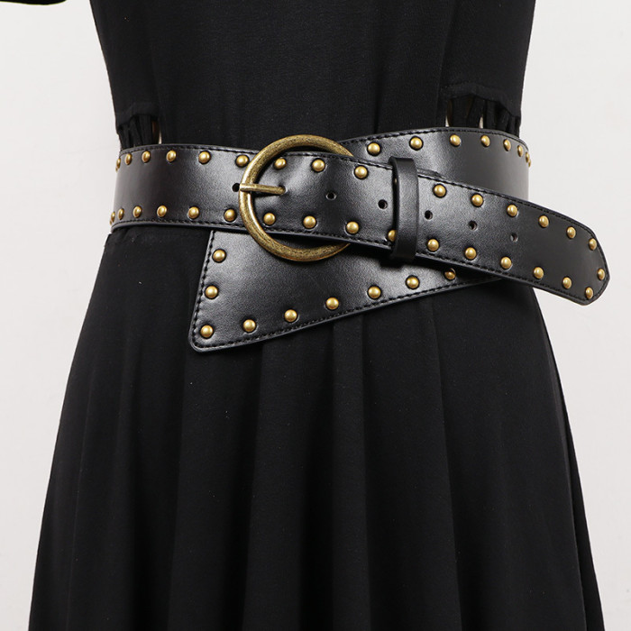 [EAM] Pu Leather Coffee Irregular Rivet Long Belt Personality Women New Fashion Tide All-match Spring Autumn 2024 1DH7250