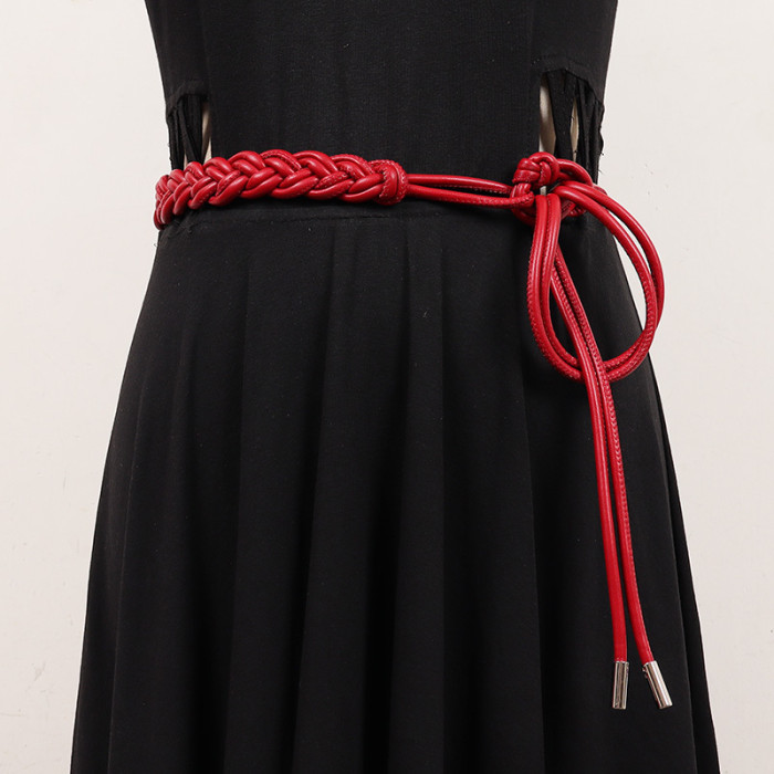 [EAM] Pu Leather Red White Bandage Long Elegant Belt Personality Women New Fashion Tide All-match Spring Autumn 2024 1DH7493