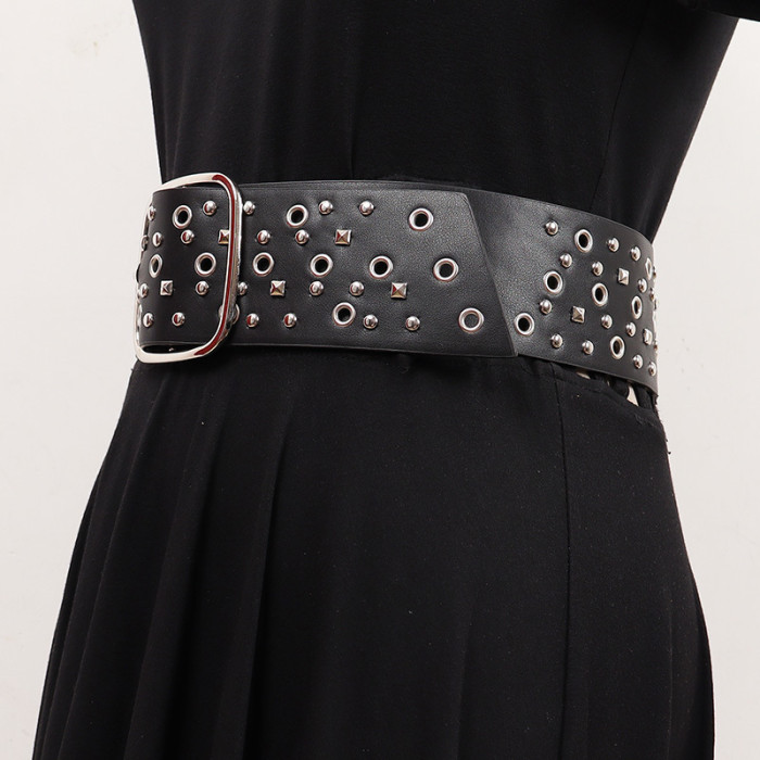 [EAM] Pu Leather Balck Hollow Out Long Wide Vintage Belt Personality Women New Fashion Tide All-match Spring Autumn 2024 1DH7495