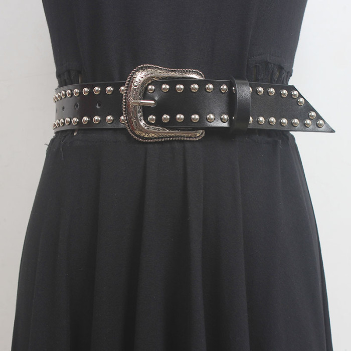 [EAM] Pu Leather Black Rivet Long Vintage Wide Belt Personality Women New Fashion Tide All-match Spring Autumn 2024 1DH5551