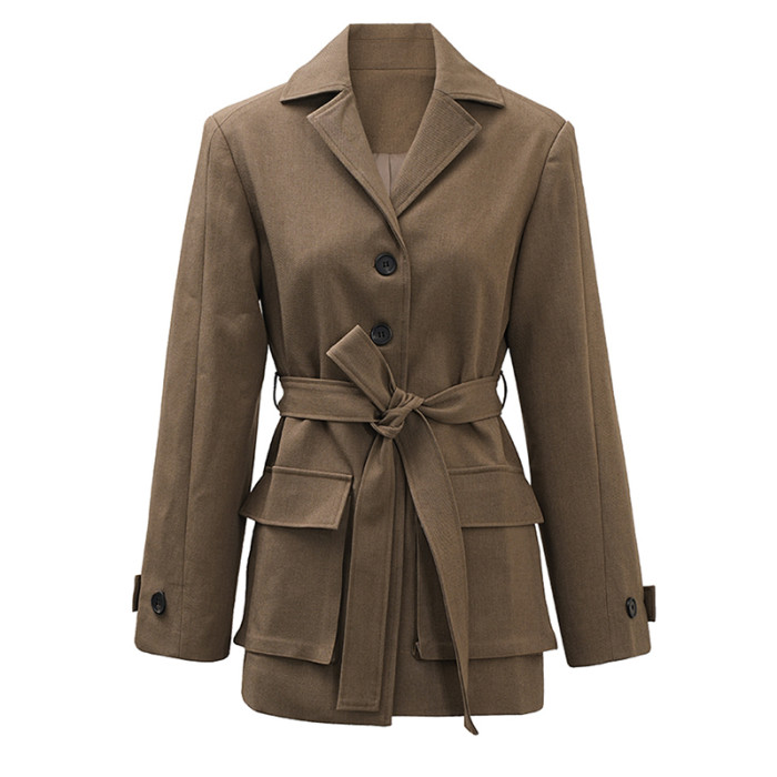 [EAM] Women Khaki Single Breasted Belted Pocket Elegant Blazer New Lapel Long Sleeve Jacket Fashion Spring Autumn  CPDB212