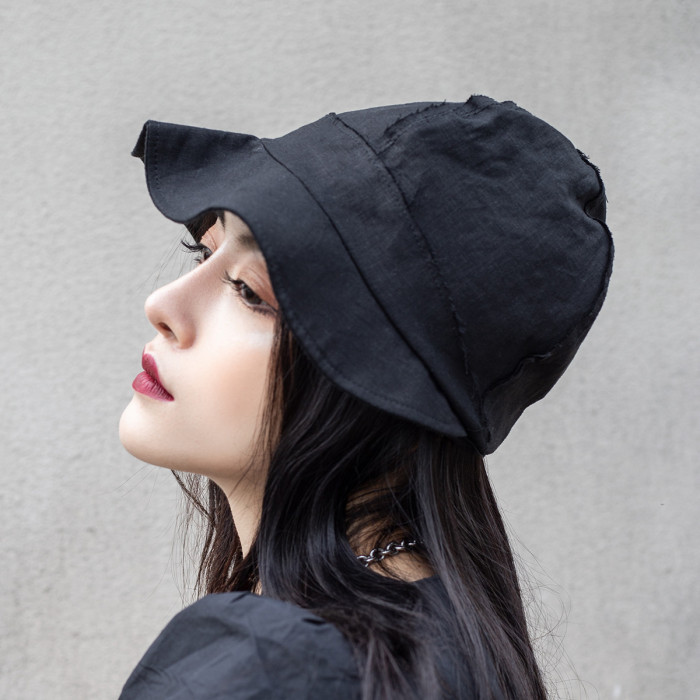 [EAM] Women Black Temperament Spliced Fishermen Hat New Round Dome Temperament Fashion Tide All-match Spring Autumn 2024 1DF5346