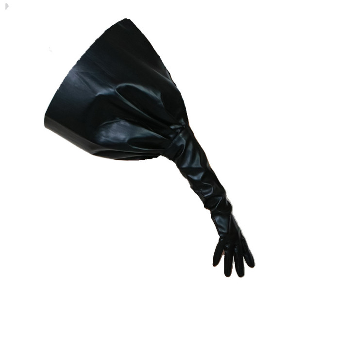 [EAM] Women Black Ruffles Long Big Size Gloves New Pu Leather Personality   Fashion Tide All-match Spring Autumn 2024 1DF0462