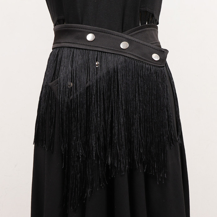 [EAM] Black Irregular Tassels Long Wide Vintage Belt Personality Women New Fashion Tide All-match Spring Autumn 2024 1DH7089