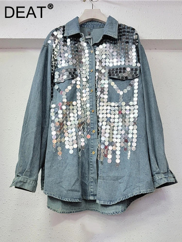 DEAT Women's Denim Shirt Loose Patchwork Full Sequins Single Breasted Blue Long Sleeve Blouse  Summer New Fashion DLZ640805