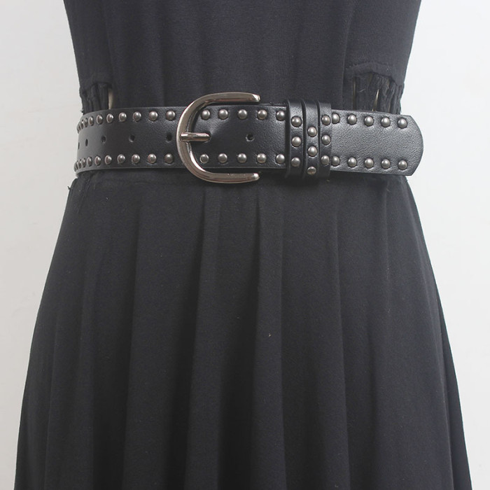 [EAM] Pu Leather White Vintage Rivet Long Wide Belt Personality Women New Fashion Tide All-match Spring Autumn 2024 1DH5552