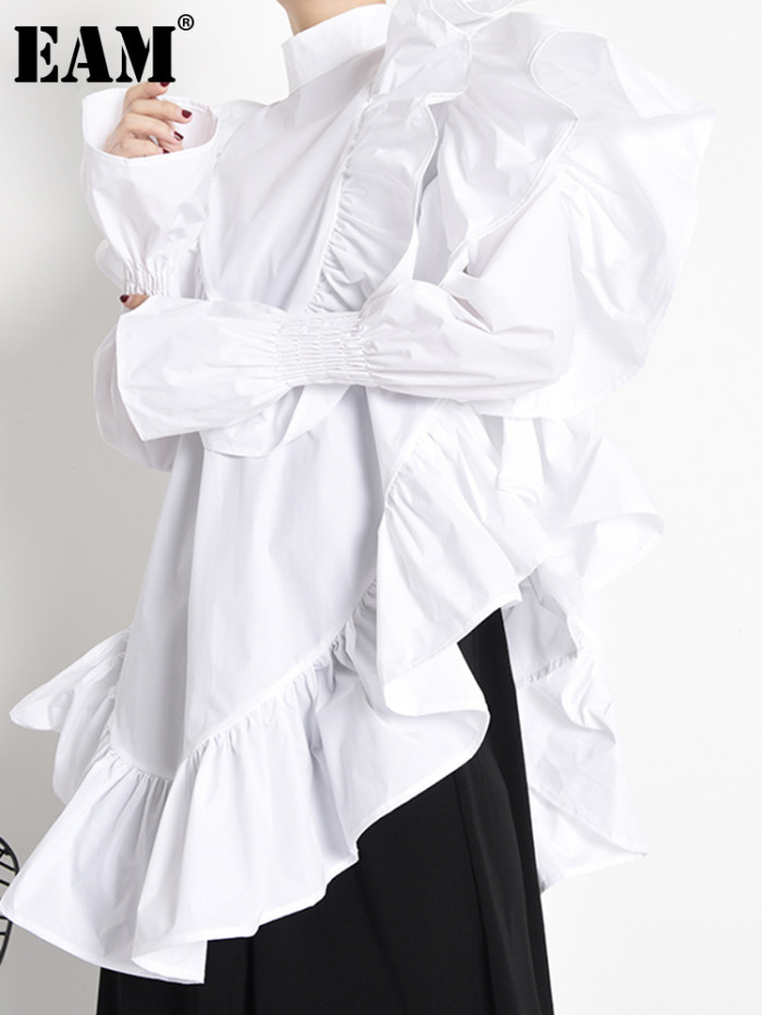 [EAM] Women Ruffles Irregular Blouse New Stand Collar Long Sleeve Loose Fit Shirt Fashion Tide Spring Autumn  1Z19900