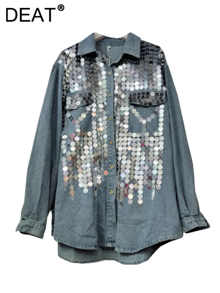 DEAT Women's Denim Shirt Loose Patchwork Full Sequins Single Breasted Blue Long Sleeve Blouse  Summer New Fashion DLZ640805