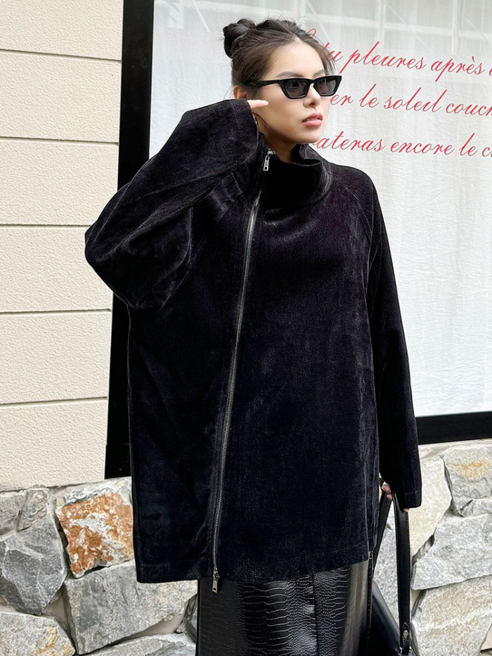 [EAM] Red Irregular Zipper Big Size Casual Jacket New Turtleneck Long Sleeve Women Coat Fashion Tide Spring Autumn 2024 1DH7589