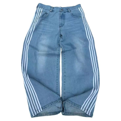 {EAM} American retro street three bar jeans men spring and autumn loose casual all straight leg wide leg mop trousers DLZ006