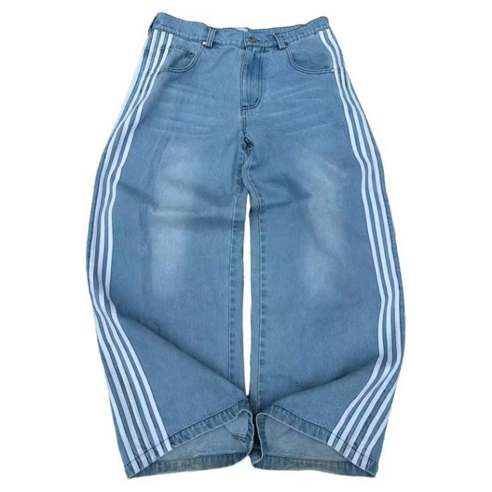 {EAM} American retro street three bar jeans men spring and autumn loose casual all straight leg wide leg mop trousers DLZ006