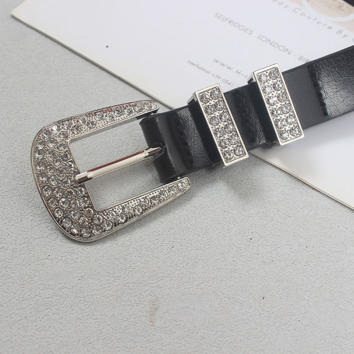 [EAM] Pu Leather Rhinestones Vintage Long Wide Belt Personality Women New Fashion Tide All-match Spring Autumn 2024 1DH5549