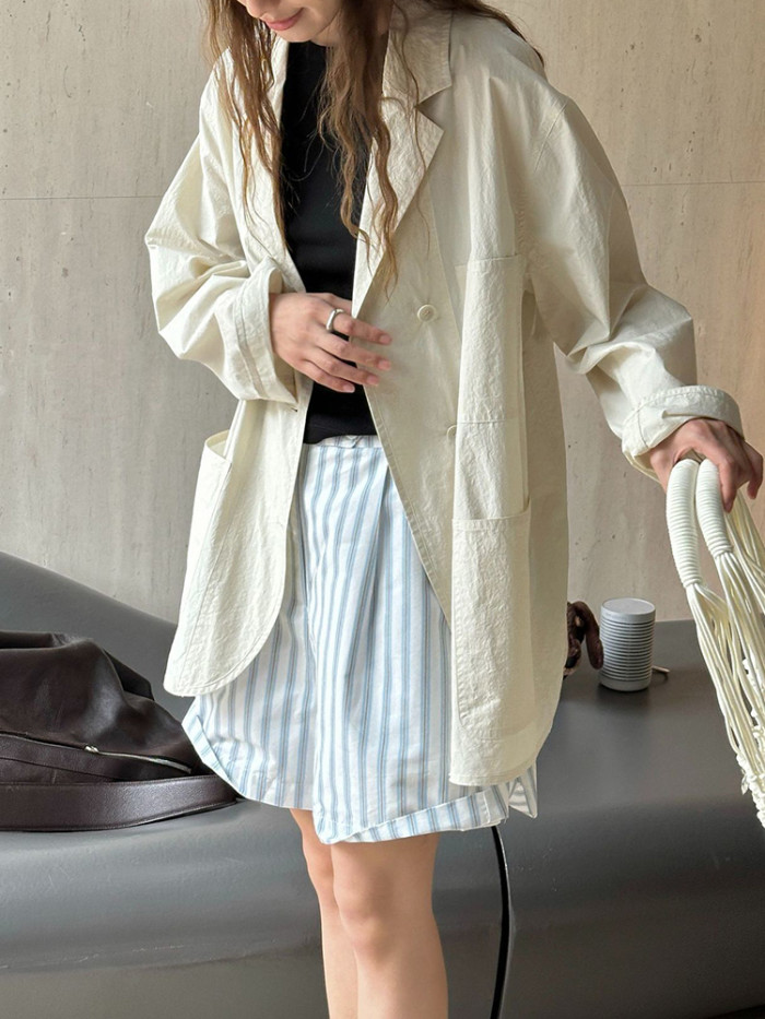 [EAM] Women Apricot Thin Cotton Big Size Elegant Blazer New Lapel Long Sleeve Jacket Fashion Tide Spring Autumn 2024 1DH6127