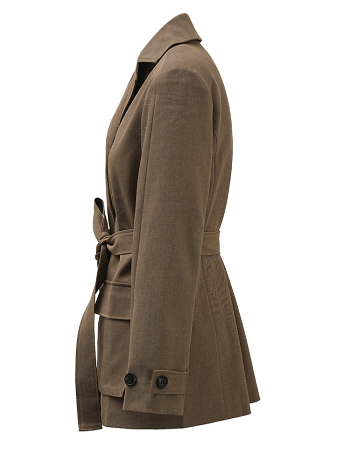 [EAM] Women Khaki Single Breasted Belted Pocket Elegant Blazer New Lapel Long Sleeve Jacket Fashion Spring Autumn  CPDB212