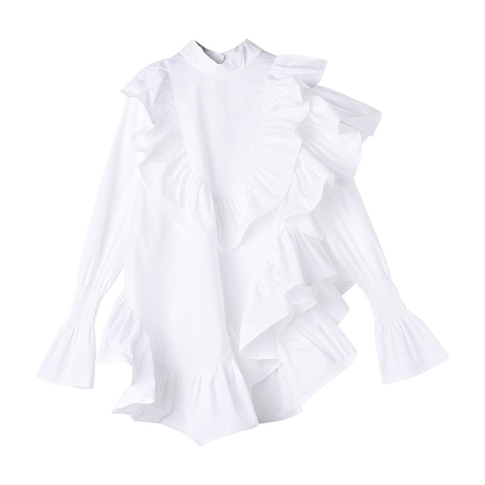 [EAM] Women Ruffles Irregular Blouse New Stand Collar Long Sleeve Loose Fit Shirt Fashion Tide Spring Autumn  1Z19900