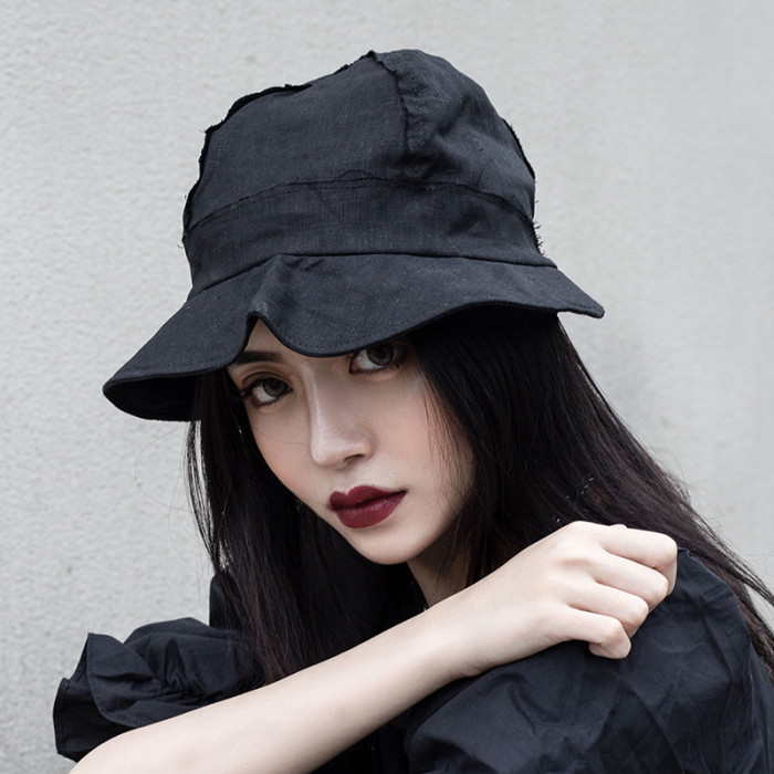 [EAM] Women Black Temperament Spliced Fishermen Hat New Round Dome Temperament Fashion Tide All-match Spring Autumn 2024 1DF5346