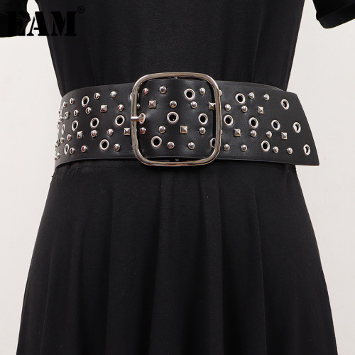 [EAM] Pu Leather Balck Hollow Out Long Wide Vintage Belt Personality Women New Fashion Tide All-match Spring Autumn 2024 1DH7495