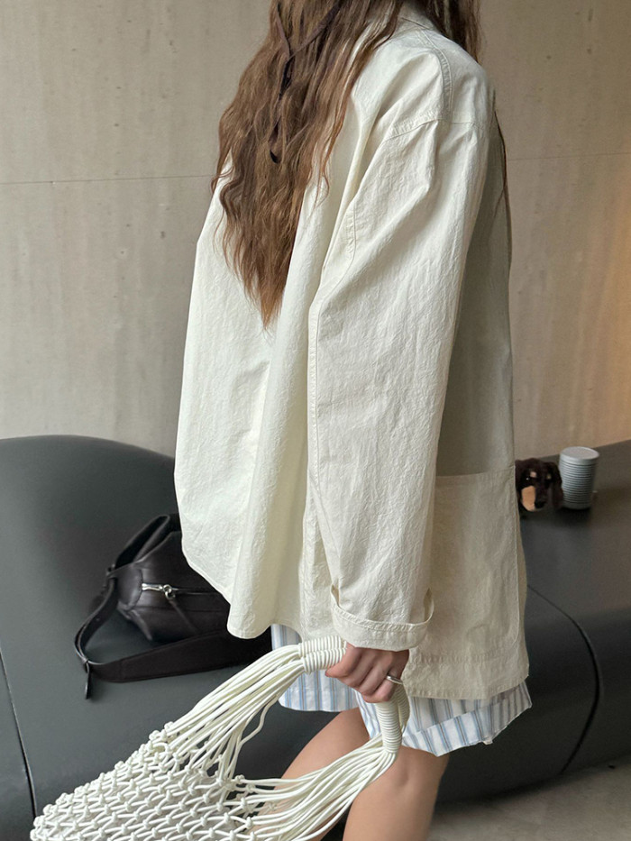 [EAM] Women Apricot Thin Cotton Big Size Elegant Blazer New Lapel Long Sleeve Jacket Fashion Tide Spring Autumn 2024 1DH6127