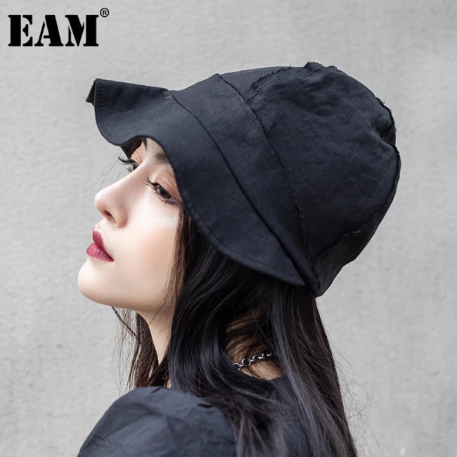 [EAM] Women Black Temperament Spliced Fishermen Hat New Round Dome Temperament Fashion Tide All-match Spring Autumn 2024 1DF5346