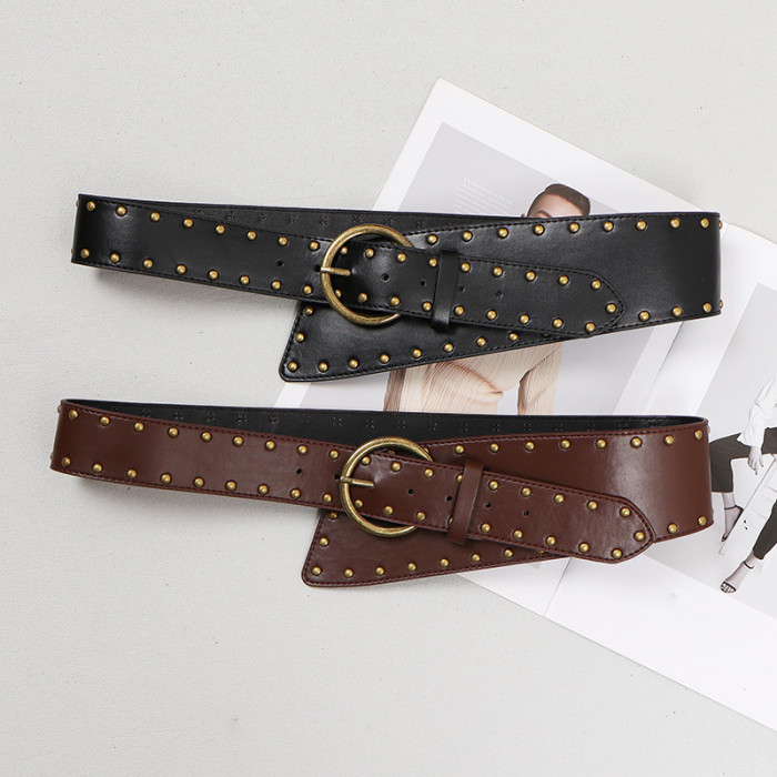 [EAM] Pu Leather Coffee Irregular Rivet Long Belt Personality Women New Fashion Tide All-match Spring Autumn 2024 1DH7250