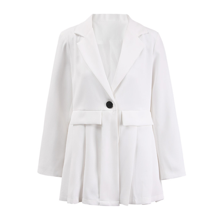 [EAM] Women White Pleated Buckle Casual Blazer Loose New Lapel Long Sleeve Jacket Fashion Tide Spring Autumn 2DA3933