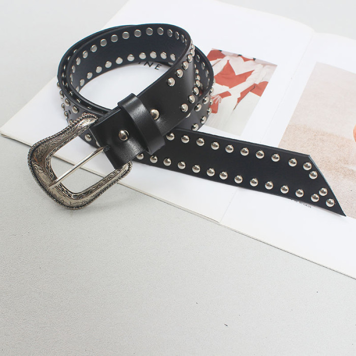 [EAM] Pu Leather Black Rivet Long Vintage Wide Belt Personality Women New Fashion Tide All-match Spring Autumn 2024 1DH5551