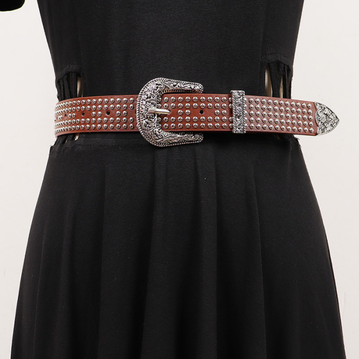 [EAM] Pu Leather Camel Rivet Vintage Long Wide Belt Personality Women New Fashion Tide All-match Spring Autumn 2024 1DH7494