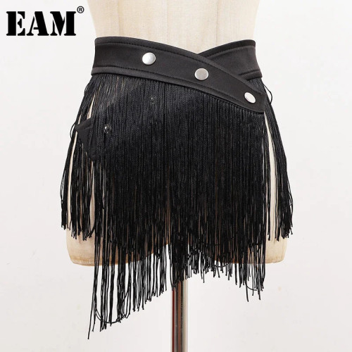 [EAM] Black Irregular Tassels Long Wide Vintage Belt Personality Women New Fashion Tide All-match Spring Autumn 2024 1DH7089