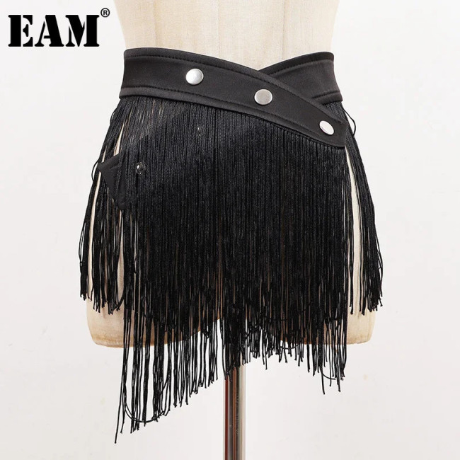 [EAM] Black Irregular Tassels Long Wide Vintage Belt Personality Women New Fashion Tide All-match Spring Autumn 2024 1DH7089