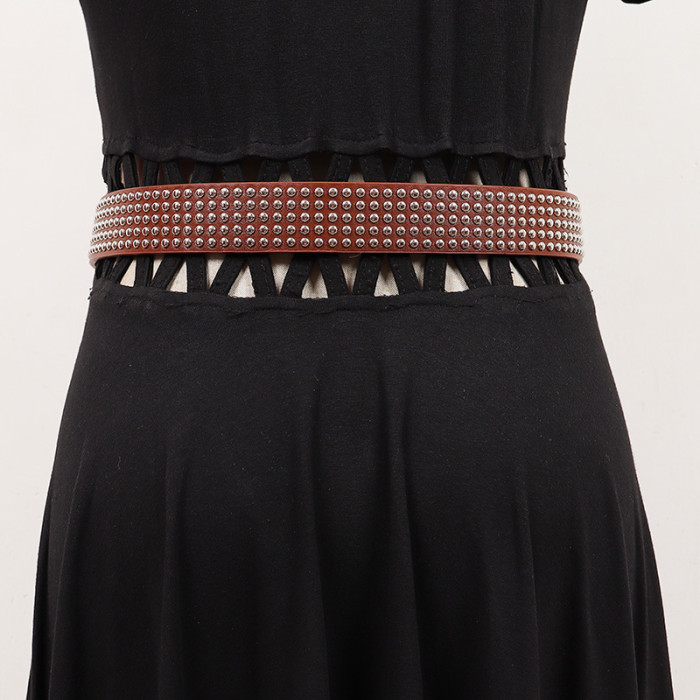 [EAM] Pu Leather Camel Rivet Vintage Long Wide Belt Personality Women New Fashion Tide All-match Spring Autumn 2024 1DH7494