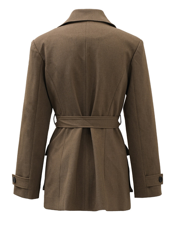 [EAM] Women Khaki Single Breasted Belted Pocket Elegant Blazer New Lapel Long Sleeve Jacket Fashion Spring Autumn  CPDB212