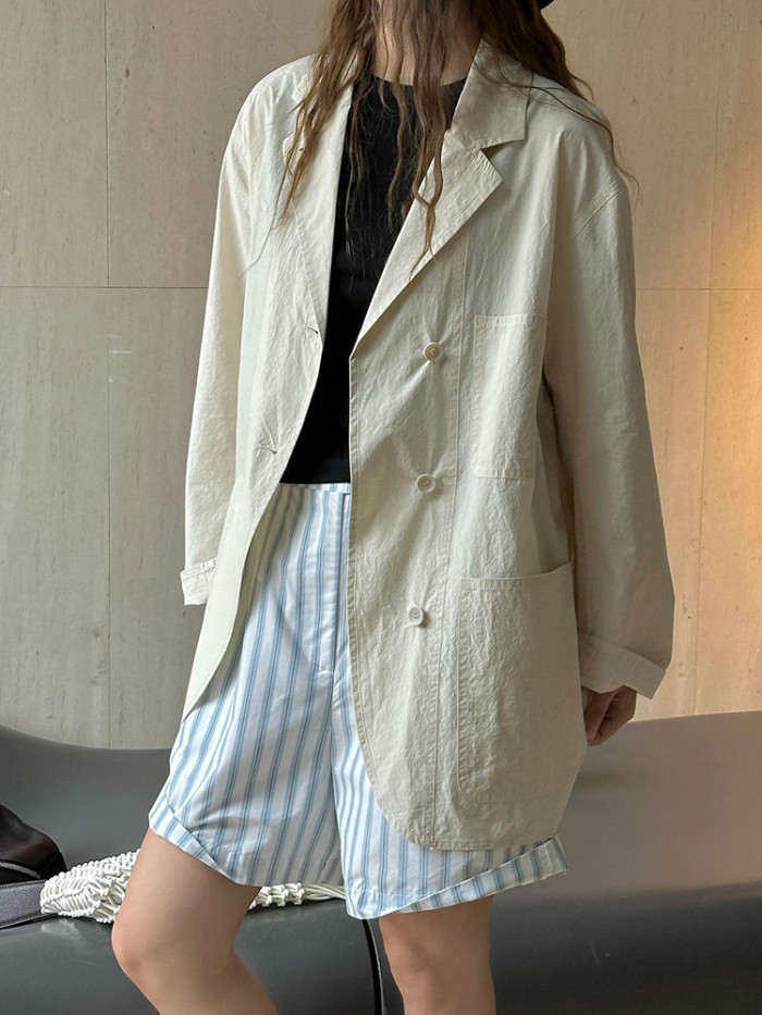 [EAM] Women Apricot Thin Cotton Big Size Elegant Blazer New Lapel Long Sleeve Jacket Fashion Tide Spring Autumn 2024 1DH6127