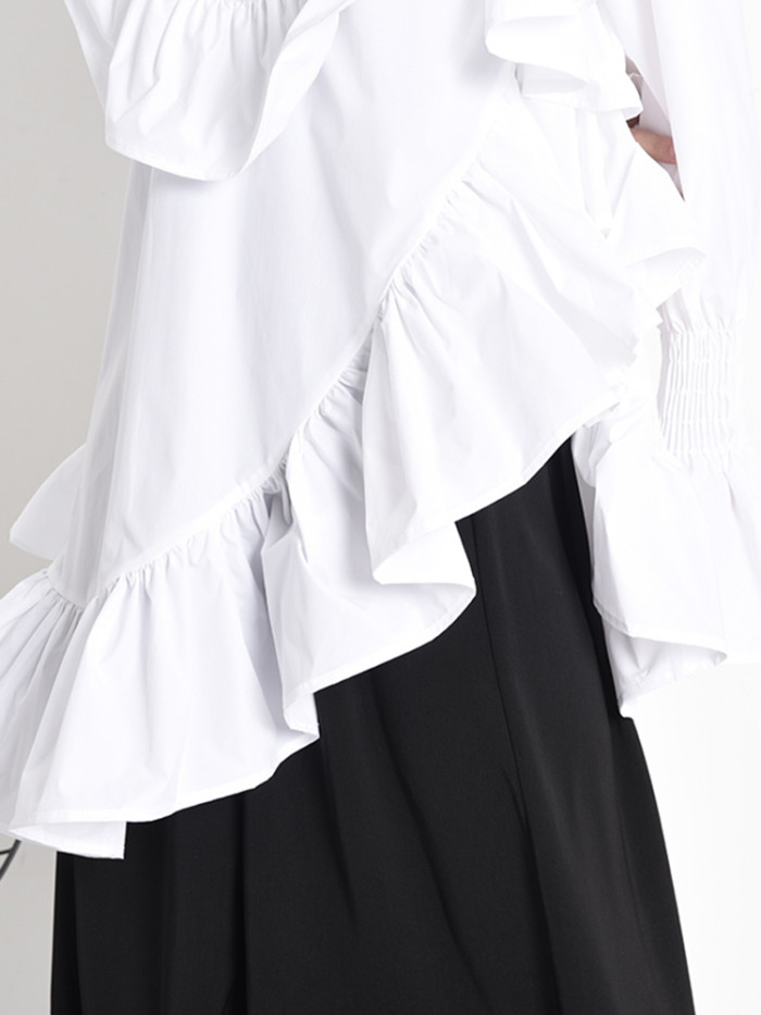 [EAM] Women Ruffles Irregular Blouse New Stand Collar Long Sleeve Loose Fit Shirt Fashion Tide Spring Autumn  1Z19900