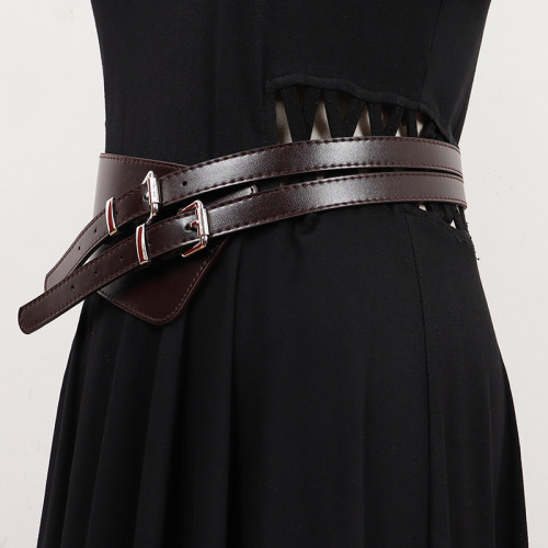 [EAM] Pu Leather Coffee Double Buckle Long Wide Belt Personality Women New Fashion Tide All-match Spring Autumn 2024 1DH7247