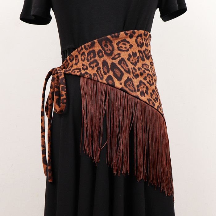 [EAM] Leopart Print Tassels Irregular Long Wide Belt Personality Women New Fashion Tide All-match Spring Autumn 2024 1DH7492