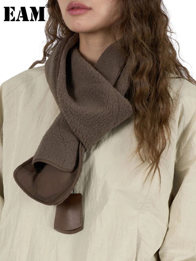 [EAM] Women Coffee Lambswool Color-block Keep Warm Scarf New Long  Personality   Fashion Tide Autumn Winter 2024 1DH7465