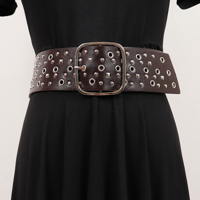[EAM] Pu Leather Balck Hollow Out Long Wide Vintage Belt Personality Women New Fashion Tide All-match Spring Autumn 2024 1DH7495