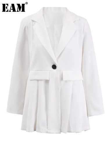 [EAM] Women White Pleated Buckle Casual Blazer Loose New Lapel Long Sleeve Jacket Fashion Tide Spring Autumn 2DA3933