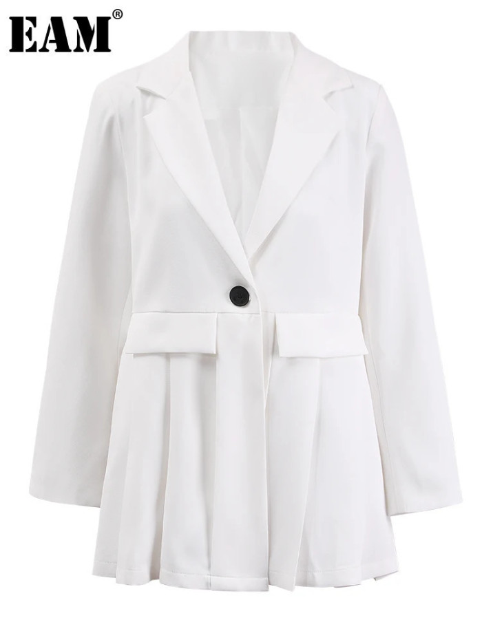 [EAM] Women White Pleated Buckle Casual Blazer Loose New Lapel Long Sleeve Jacket Fashion Tide Spring Autumn 2DA3933