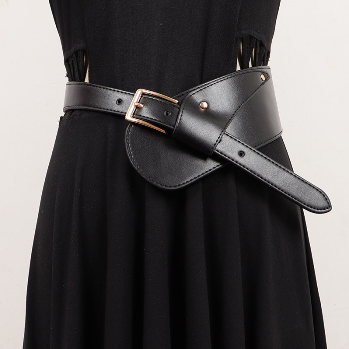 [EAM] Pu Leather Black Irregular Spliced Long Wide Belt Personality Women New Fashion Tide All-match Spring Autumn 2024  1DH7088