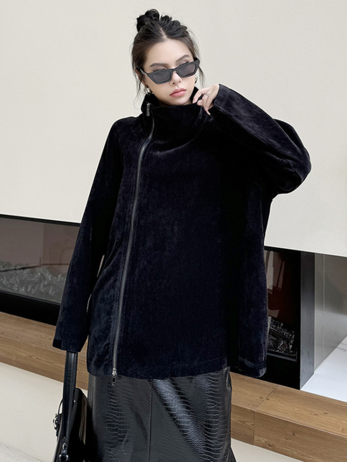 [EAM] Red Irregular Zipper Big Size Casual Jacket New Turtleneck Long Sleeve Women Coat Fashion Tide Spring Autumn 2024 1DH7589