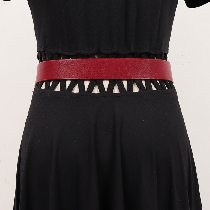 [EAM] Pu Leather Red Rivet Irregular Long Wide Belt Personality Women New Fashion Tide All-match Spring Autumn 2024 1DH7496