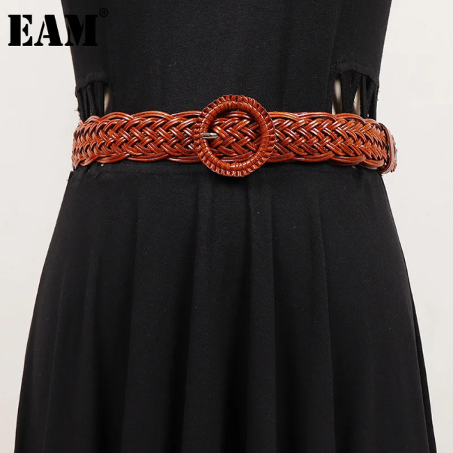[EAM] Pu Leather Belt Brown Round Buckle Long Wide Personality Women New Fashion Tide All-match Spring Autumn 2024 1DH7491
