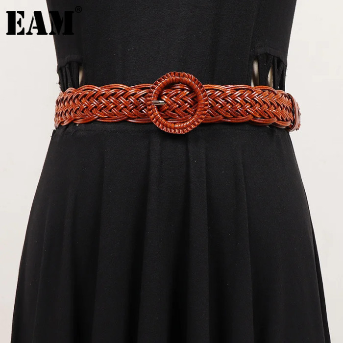 [EAM] Pu Leather Belt Brown Round Buckle Long Wide Personality Women New Fashion Tide All-match Spring Autumn 2024 1DH7491