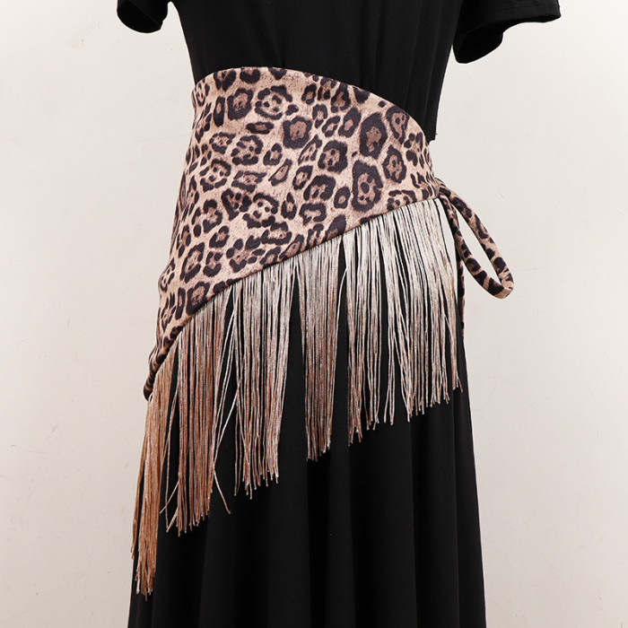 [EAM] Leopart Print Tassels Irregular Long Wide Belt Personality Women New Fashion Tide All-match Spring Autumn 2024 1DH7492