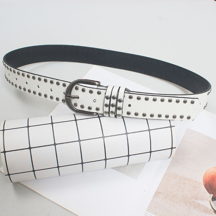 [EAM] Pu Leather White Vintage Rivet Long Wide Belt Personality Women New Fashion Tide All-match Spring Autumn 2024 1DH5552