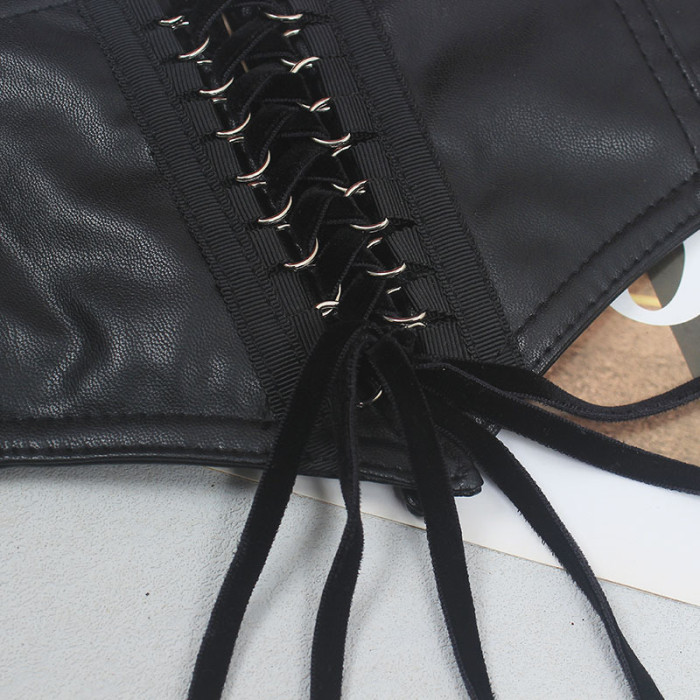 [EAM] Pu Leather Black Bandage Elastic Irregular Wide Belt Personality Women New Fashion All-match Spring Autumn 2024 1DH5548