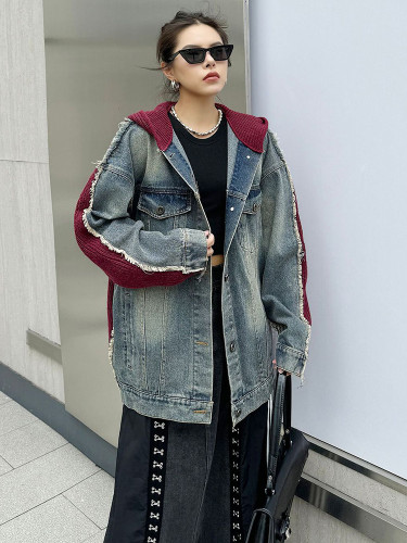 [EAM] Red Color-block Denim Big Size Thick Jacket New Hooded Long Sleeve Women Coat Fashion Tide Spring Autumn  1DH75860